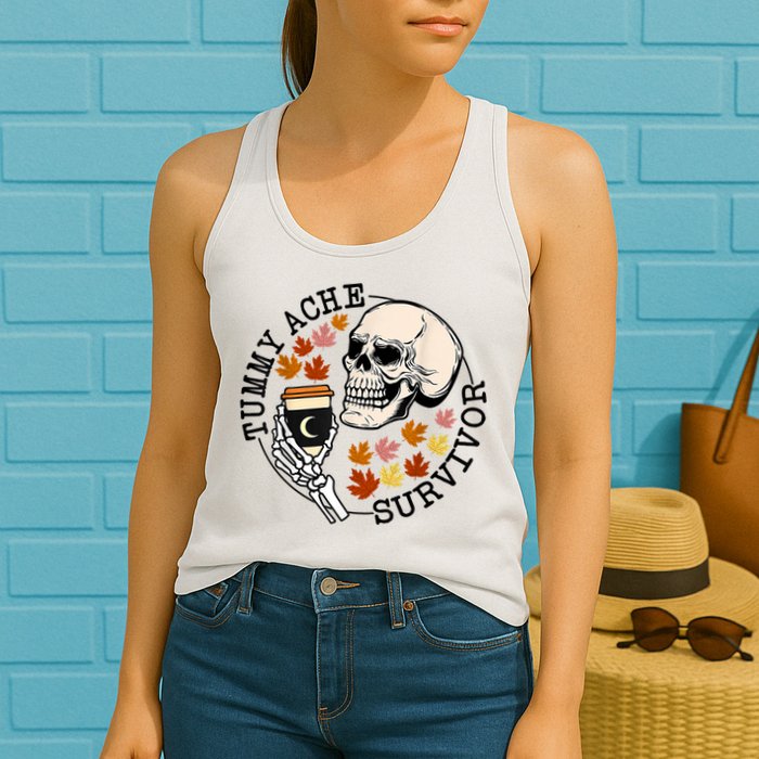 Tummy Ache Survivor Funny Skeleton Drinking Coffee In Autumn Fall Season Womens Tank Top