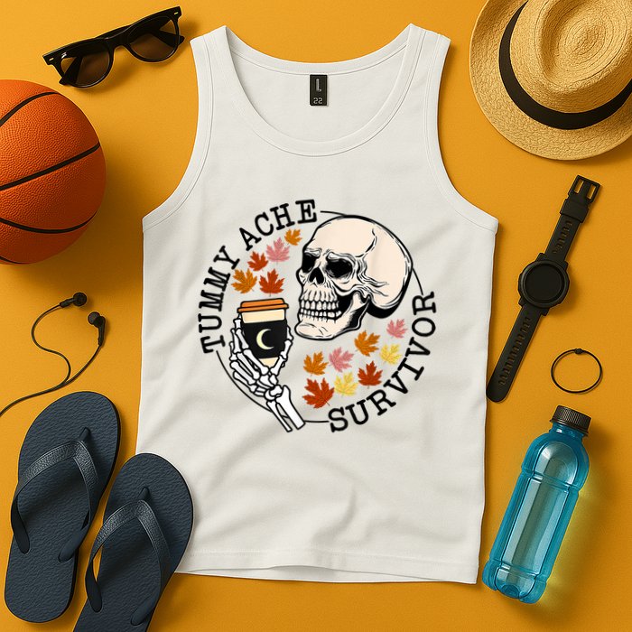 Tummy Ache Survivor Funny Skeleton Drinking Coffee In Autumn Fall Season Tank Top
