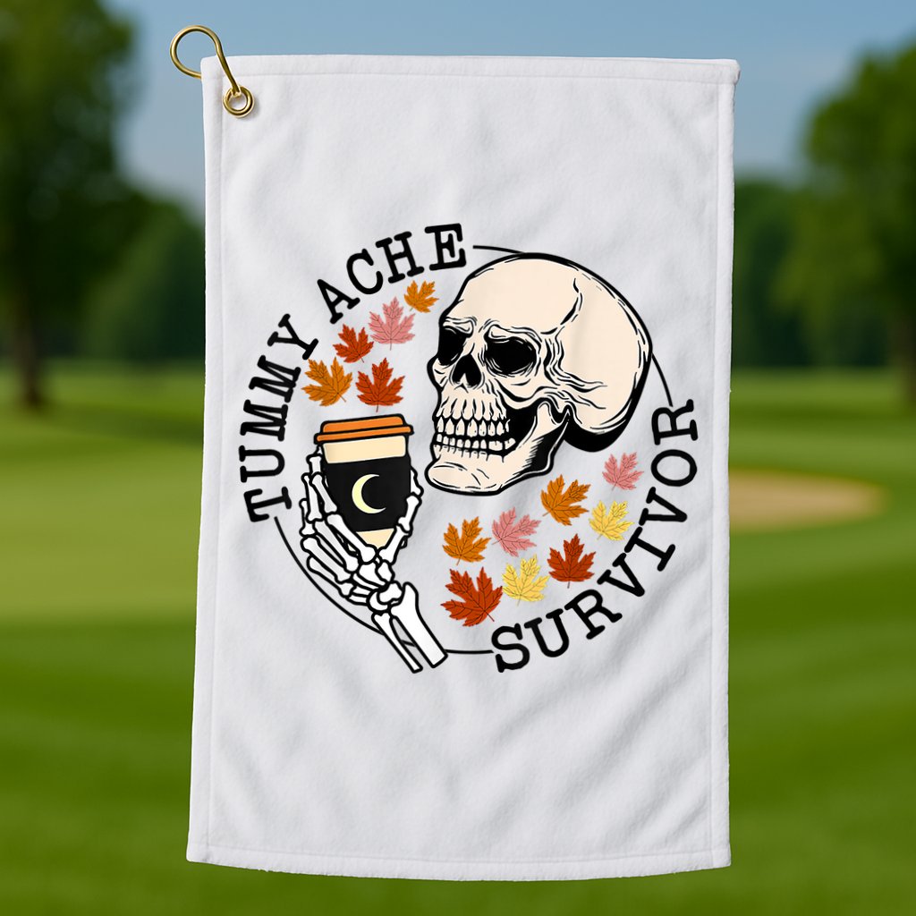 Tummy Ache Survivor Funny Skeleton Drinking Coffee In Autumn Fall Season Golf Towel