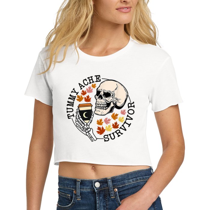 Tummy Ache Survivor Funny Skeleton Drinking Coffee In Autumn Fall Season Crop Top