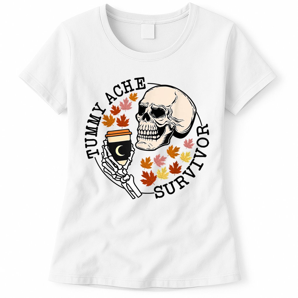 Tummy Ache Survivor Funny Skeleton Drinking Coffee In Autumn Fall Season Womens T-Shirt