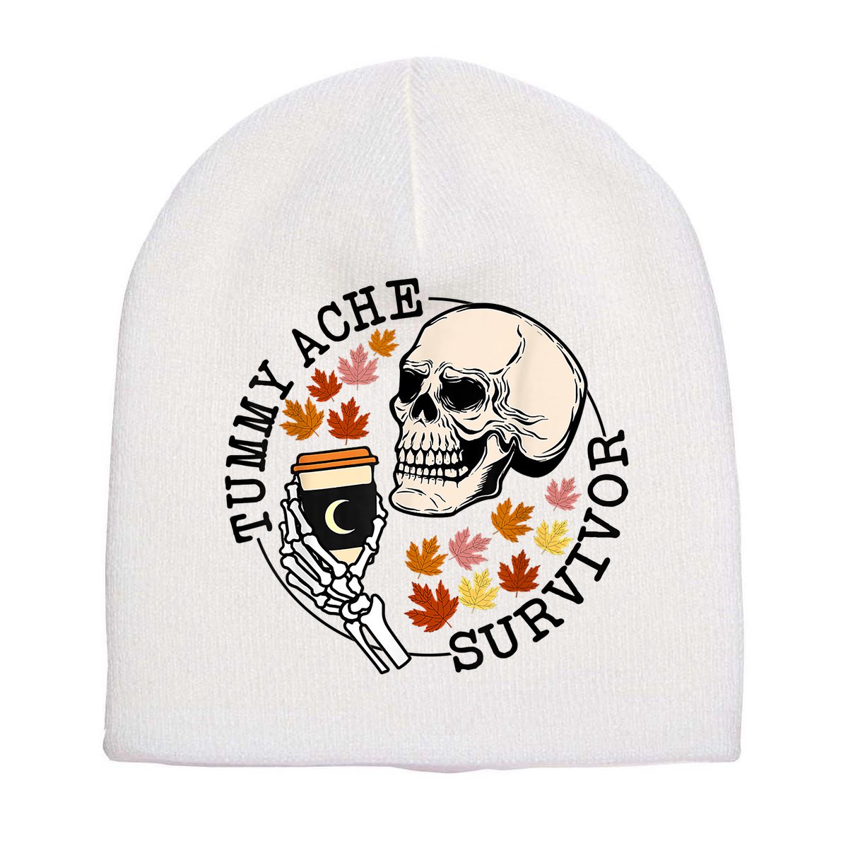 Tummy Ache Survivor Funny Skeleton Drinking Coffee In Autumn Fall Season Short Acrylic Beanie