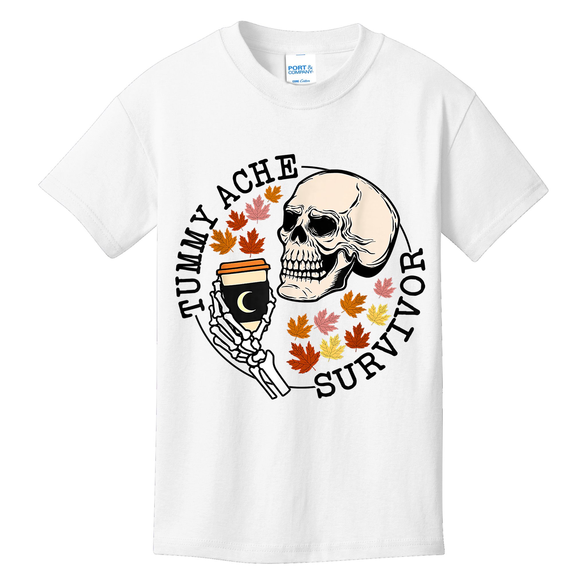 Tummy Ache Survivor Funny Skeleton Drinking Coffee In Autumn Fall Season Kids T-Shirt