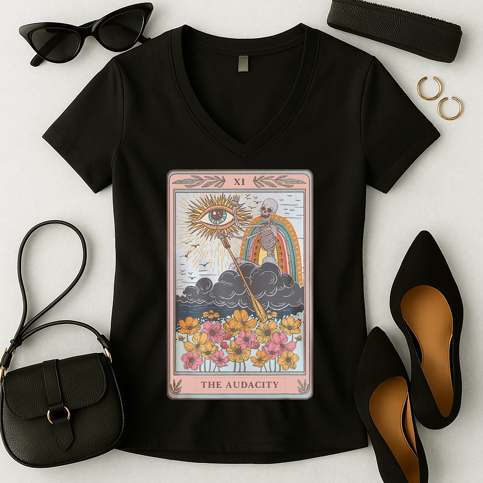 The Audacity Skeleton Tarot Card Sun Eye Aesthetic Women's V-Neck T-Shirt