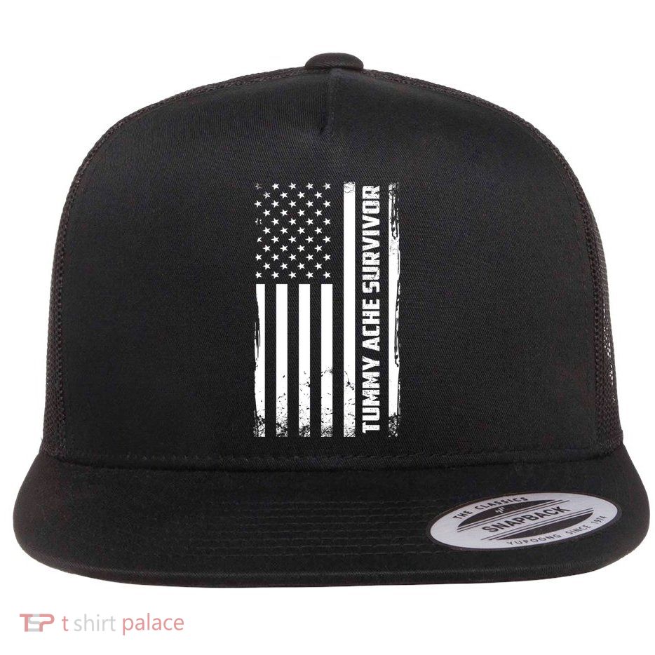 Tummy Ache Survivor American Flag Funny Flatbill Hat
