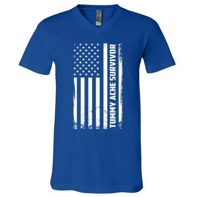Tummy Ache Survivor American Flag Funny V-Neck T-Shirt