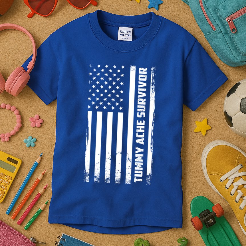 Tummy Ache Survivor American Flag Funny Kids T-Shirt