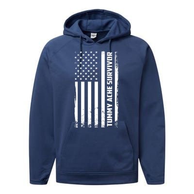 Tummy Ache Survivor American Flag Funny Performance Fleece Hoodie