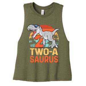 Two A Saurus Rex 2nd Birthday Dinosaur 2 Year Old Boy Women's Racerback Cropped Tank