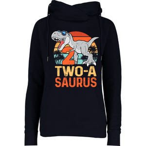 Two A Saurus Rex 2nd Birthday Dinosaur 2 Year Old Boy Womens Funnel Neck Pullover Hood