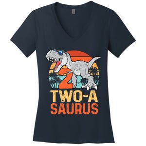 Two A Saurus Rex 2nd Birthday Dinosaur 2 Year Old Boy Women's V-Neck T-Shirt