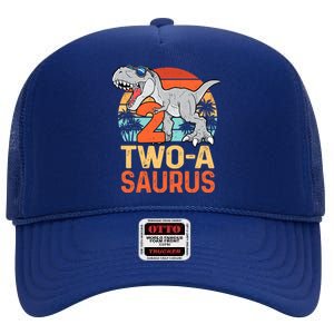 Two A Saurus Rex 2nd Birthday Dinosaur 2 Year Old Boy High Crown Mesh Back Trucker Hat