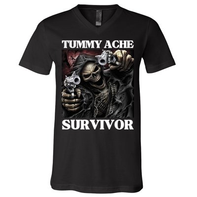 Tummy Ache Survivor Funny Cool Edgy Hard Skeleton Meme V-Neck T-Shirt