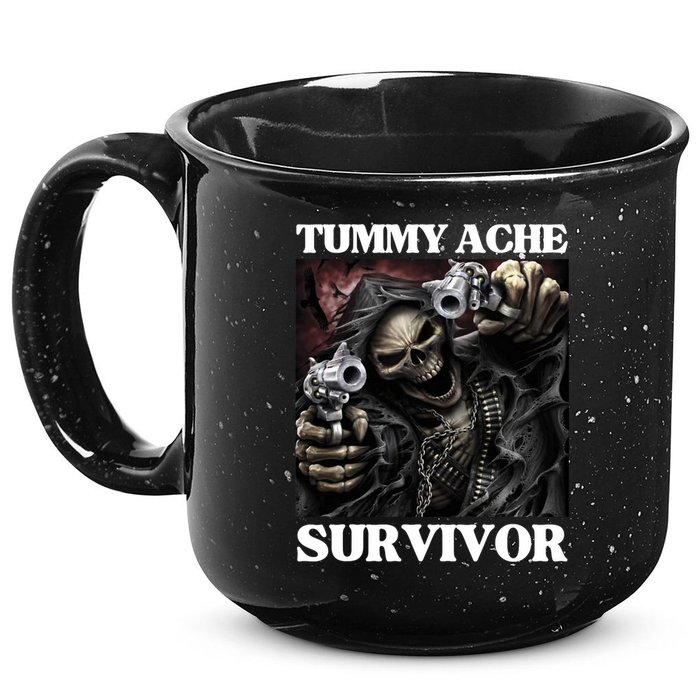 Tummy Ache Survivor Funny Cool Edgy Hard Skeleton Meme 15oz Campfire Ceramic Mug