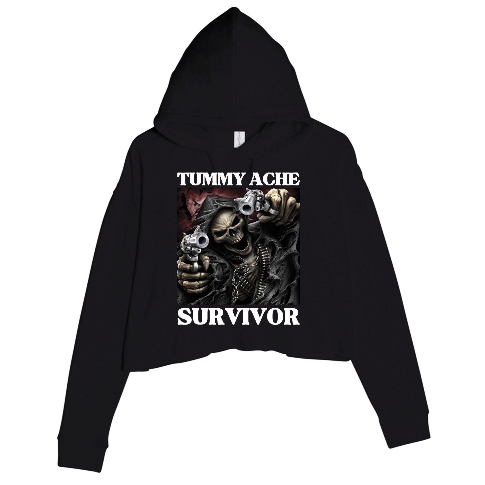 Tummy Ache Survivor Funny Cool Edgy Hard Skeleton Meme Crop Fleece Hoodie