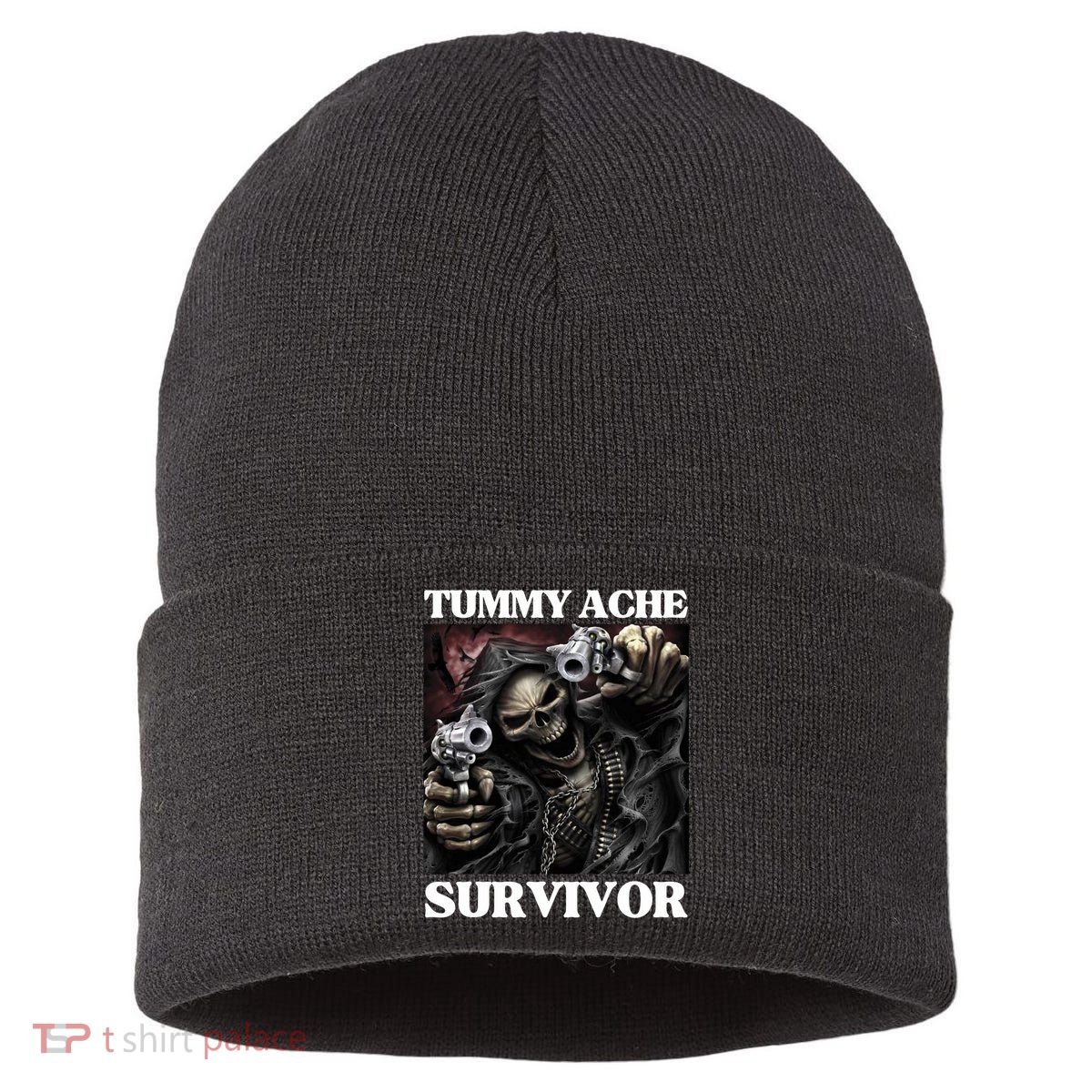 Tummy Ache Survivor Funny Cool Edgy Hard Skeleton Meme Sustainable Knit Beanie