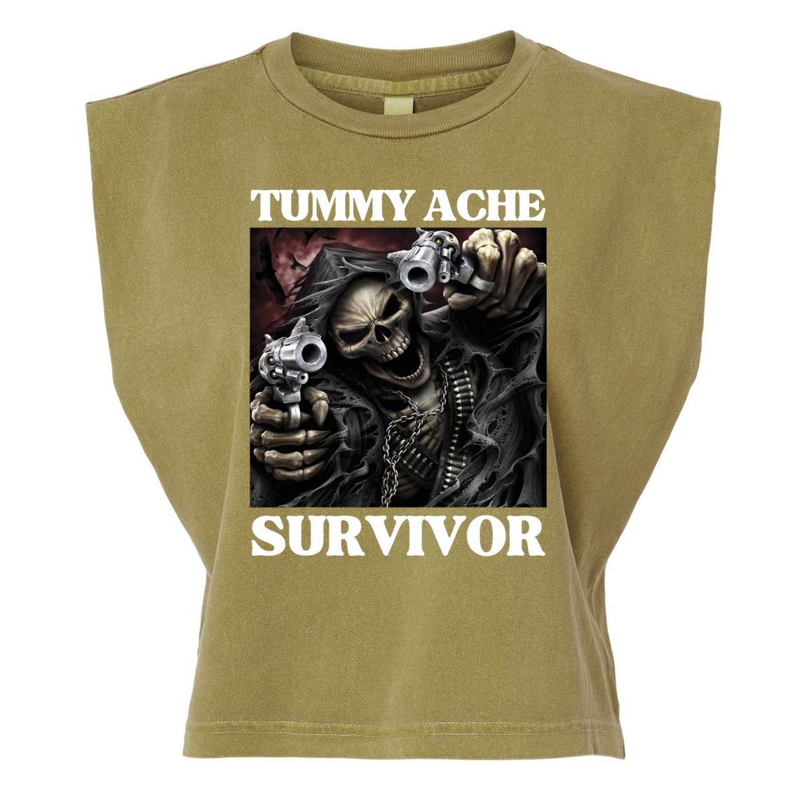 Tummy Ache Survivor Funny Cool Edgy Hard Skeleton Meme Garment-Dyed Women's Muscle Tee