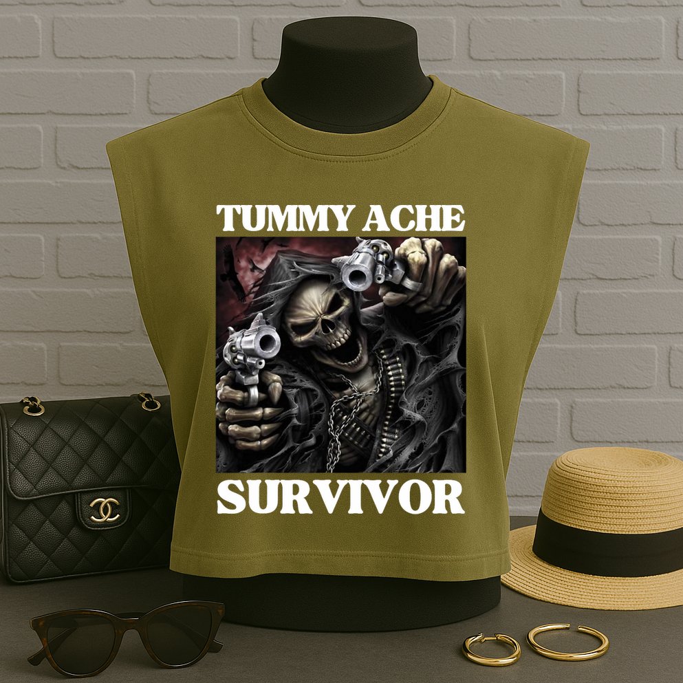 Tummy Ache Survivor Funny Cool Edgy Hard Skeleton Meme Garment-Dyed Women's Muscle Tee