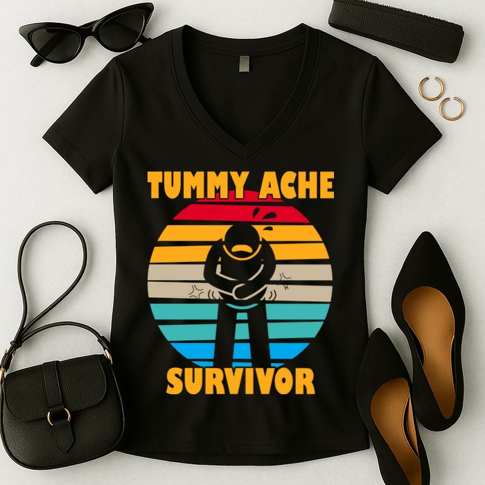 Tummy Ache Survivor Funny Retro Women's V-Neck T-Shirt