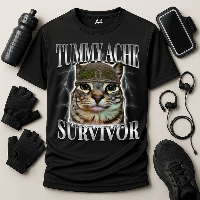 Tummy Ache Survivor Cat Meme Funny Saying Cats Animals  Cooling Performance Crew T-Shirt