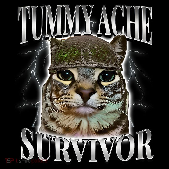 Tummy Ache Survivor Cat Meme Funny Saying Cats Animals  T-Shirt