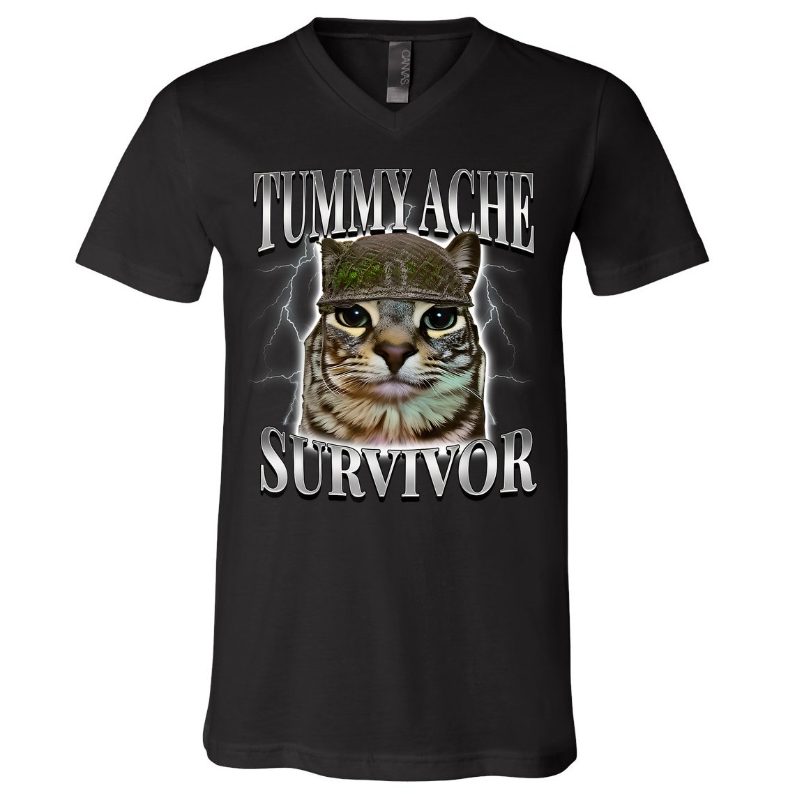 Tummy Ache Survivor Cat Meme Funny Saying Cats Animals  V-Neck T-Shirt