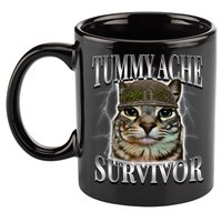 Tummy Ache Survivor Cat Meme Funny Saying Cats Animals  11oz C Handle Ceramic Mug