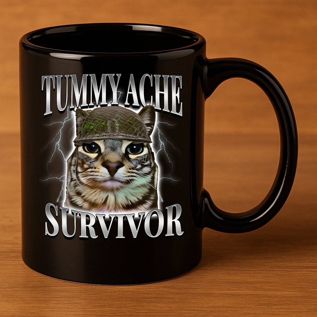 Tummy Ache Survivor Cat Meme Funny Saying Cats Animals  11oz C Handle Ceramic Mug