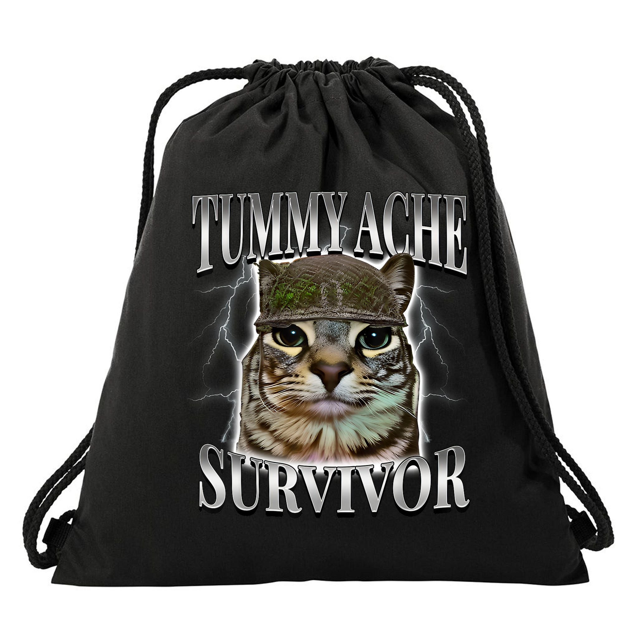 Tummy Ache Survivor Cat Meme Funny Saying Cats Animals  Drawstring Bag