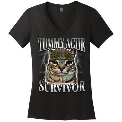 Tummy Ache Survivor Cat Meme Funny Saying Cats Animals  Women's V-Neck T-Shirt