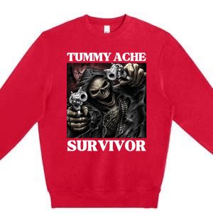 Tummy Ache Survivor Funny Cool Edgy Hard Skeleton Meme Premium Crewneck Sweatshirt