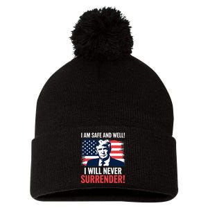 Trump After Shooting Incident I Will Never Surrender! Pom Pom 12in Knit Beanie