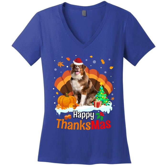 Thanksgiving Australian Shepherd Happy Christmas Aussie Gift Women's V-Neck T-Shirt