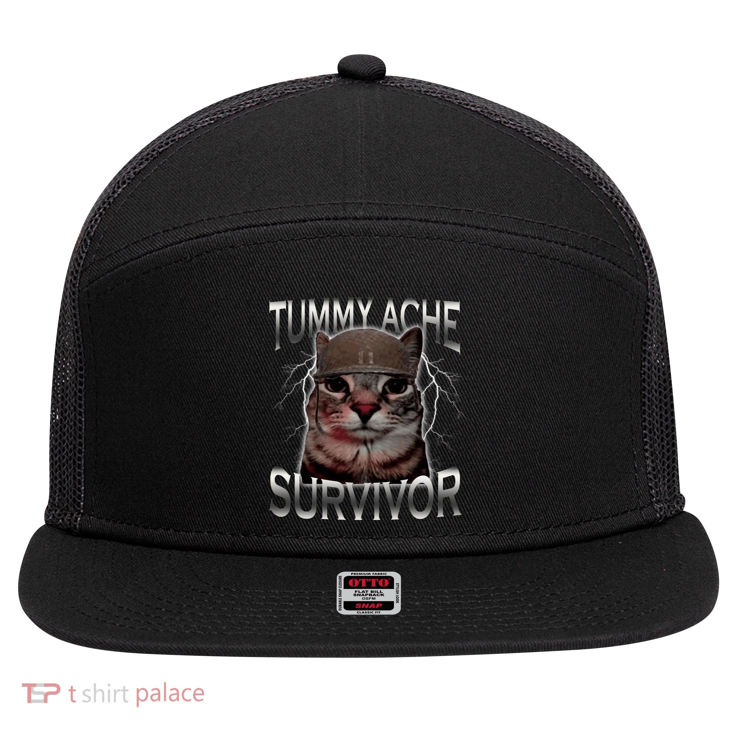 Tummy Ache Survivor Cat Meme Funny Saying Animals 7 Panel Mesh Trucker Snapback Hat
