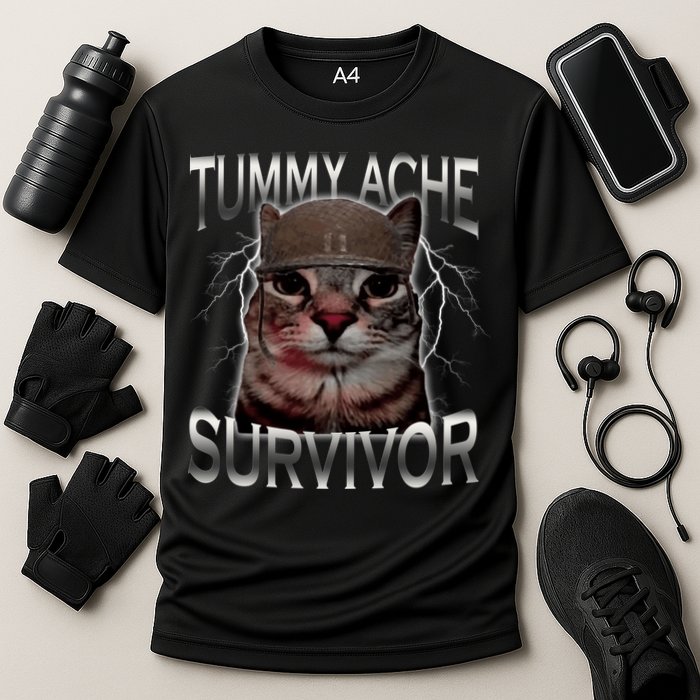 Tummy Ache Survivor Cat Meme Funny Saying Animals Cooling Performance Crew T-Shirt