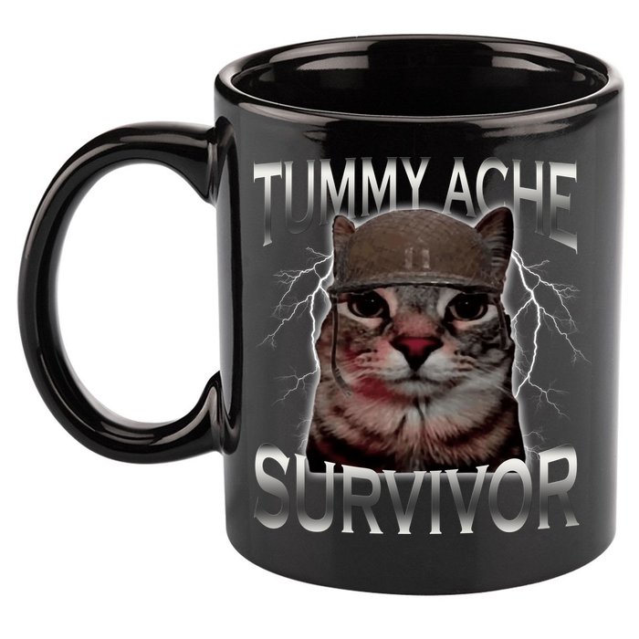 Tummy Ache Survivor Cat Meme Funny Saying Animals 11oz C Handle Ceramic Mug