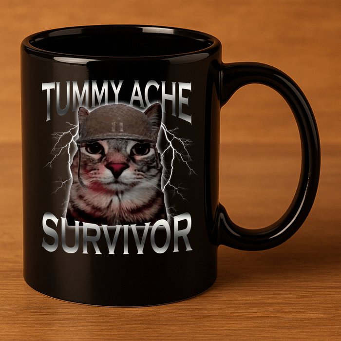 Tummy Ache Survivor Cat Meme Funny Saying Animals 11oz C Handle Ceramic Mug