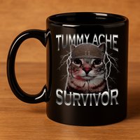 Tummy Ache Survivor Cat Meme Funny Saying Animals 11oz C Handle Ceramic Mug