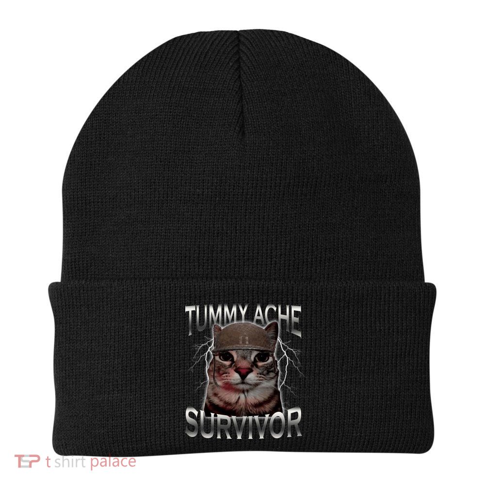 Tummy Ache Survivor Cat Meme Funny Saying Animals Beanie