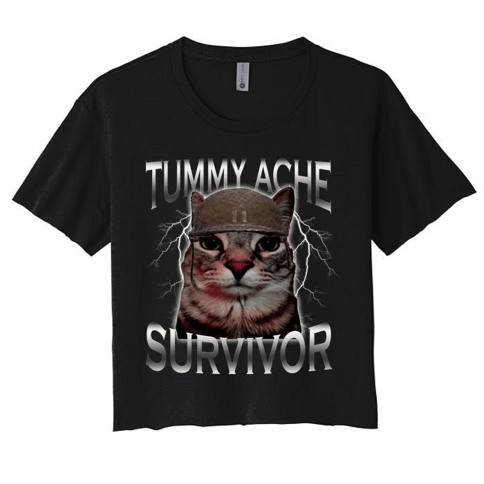 Tummy Ache Survivor Cat Meme Funny Saying Animals Women's Crop Top Tee
