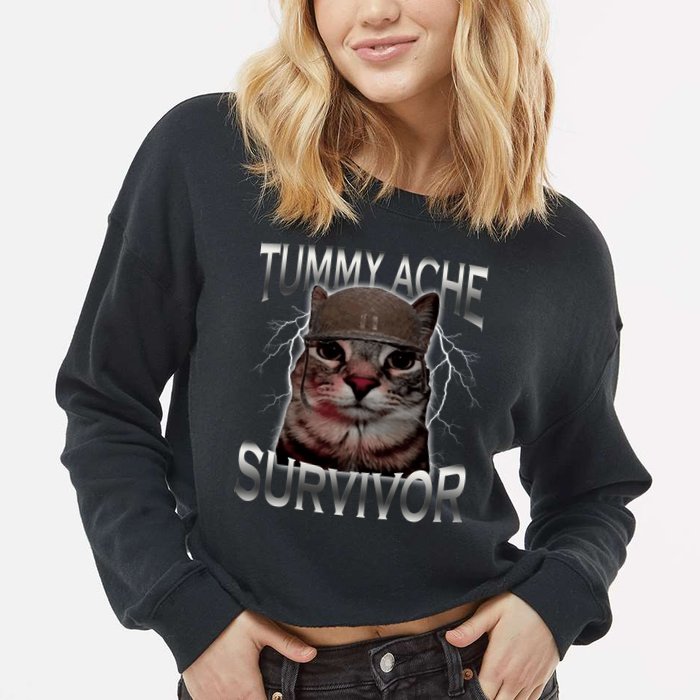 Tummy Ache Survivor Cat Meme Funny Saying Animals Cropped Pullover Crew