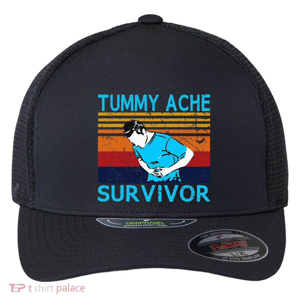 Tummy Ache Survivor Vintage Retro Sunset Stomach Hurts Memes Flexfit Unipanel Trucker Cap