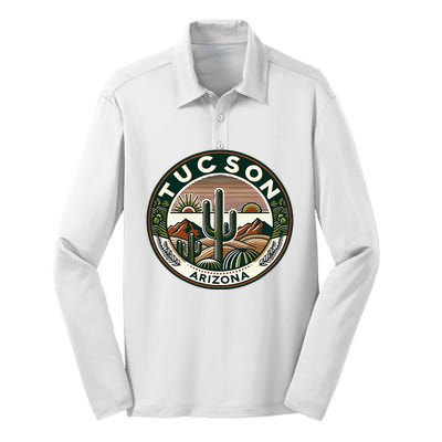 Tucson Arizona Southwestern Saguaro Cacti Desert Landscape Silk Touch Performance Long Sleeve Polo