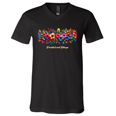 Trinidad And Tobago Band Of Tropical Flowers V-Neck T-Shirt