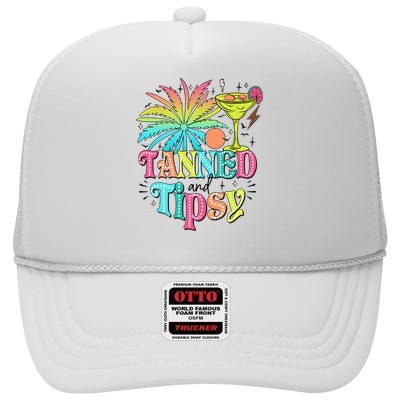 Tanned And Tipsy Funny Summer Quotes High Crown Mesh Back Trucker Hat