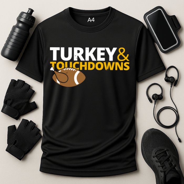 Turkey And Touchdowns Football Festive Thanksgiving Cooling Performance Crew T-Shirt