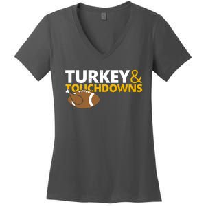 Turkey And Touchdowns Football Festive Thanksgiving Women's V-Neck T-Shirt