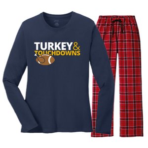 Turkey And Touchdowns Football Festive Thanksgiving Women's Long Sleeve Flannel Pajama Set 