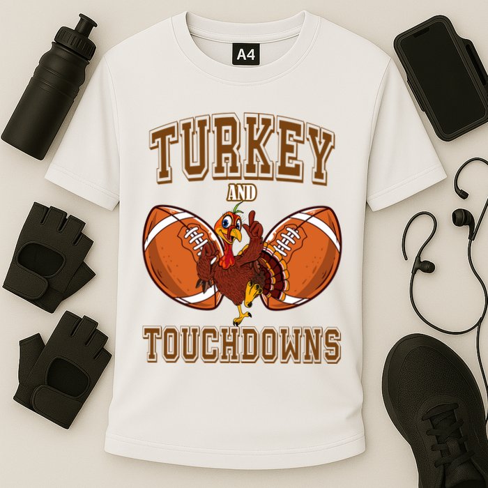 Turkey And Touchdowns Thanksgiving Football Cooling Performance Crew T-Shirt