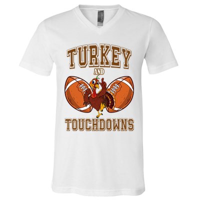Turkey And Touchdowns Thanksgiving Football V-Neck T-Shirt